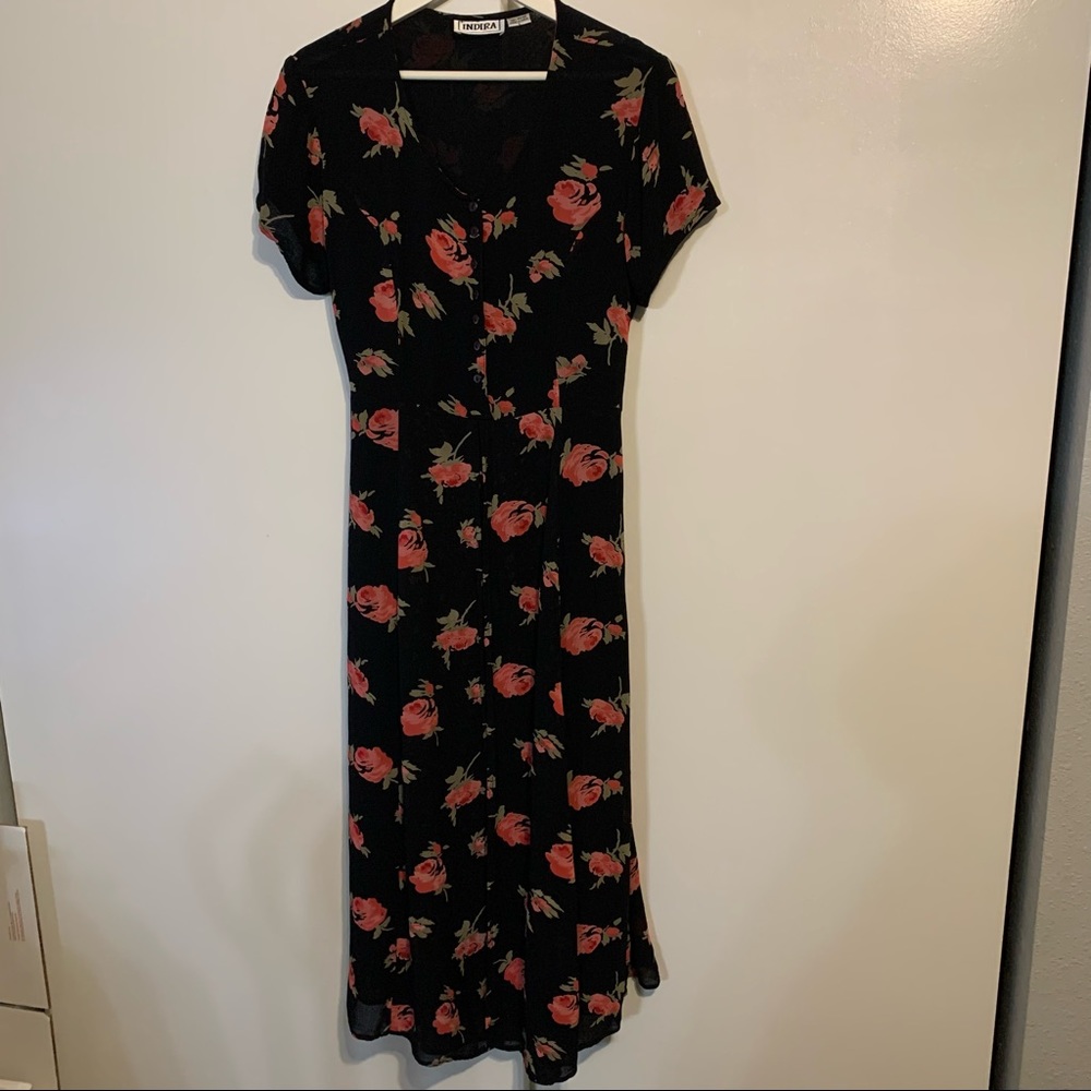 Indira L rayon midi dress ditzy floral flowers roses button front lined soft - Picture 14 of 14